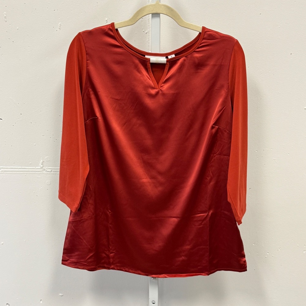 NWOT‎ Susan Graver Rust Orange Satin Front Keyhole Top 3/4 Sleeve Small